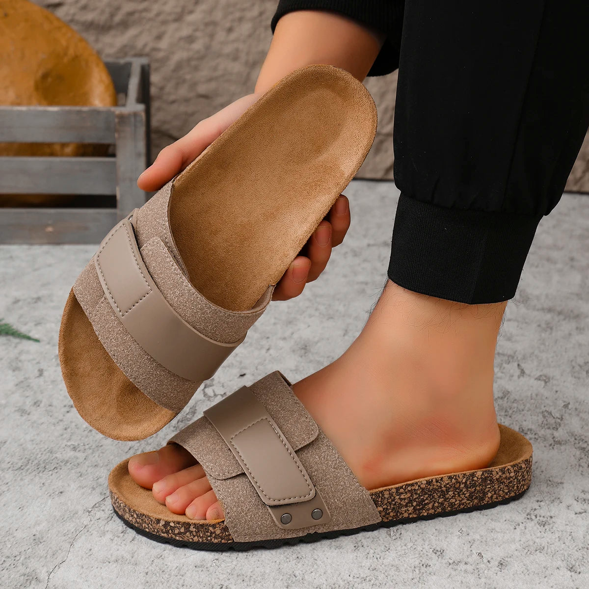 Unisex Cork Sole Slide Sandals Black Brown Suede Adjustable Strap Lightweight Casual — Image 5