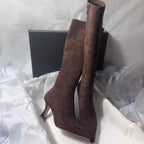 Elegant Women's Suede Knee-High Stiletto Boots Brown Black Pointed Toe High Heel — Main Image