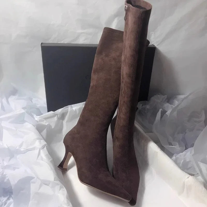 Elegant Women's Suede Knee-High Stiletto Boots Brown Black Pointed Toe High Heel — Main Image