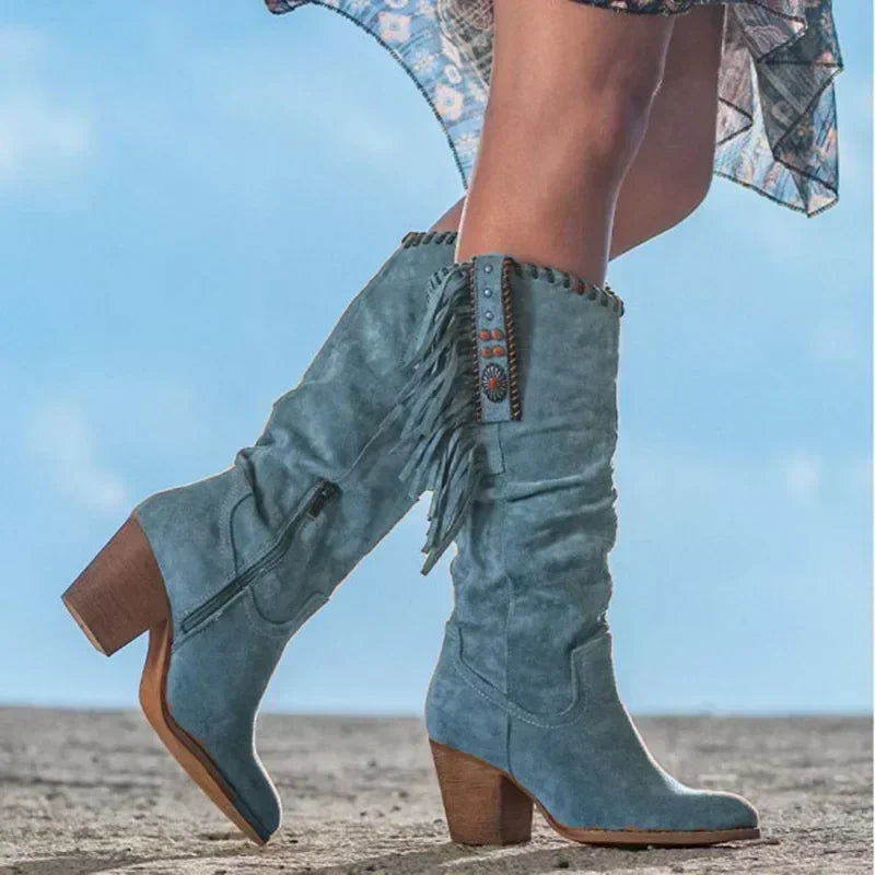 Women's Fringe Suede Knee-High Boots Western Style Zipper Closure Multiple Colors — Image 5