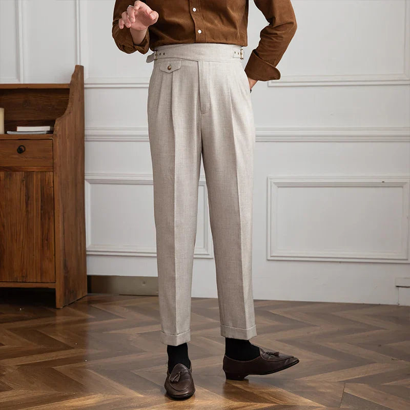 Men's Wool Blend Pleated Trousers Gray High Waist Adjustable Waistband Formal Business Pants — Image 4