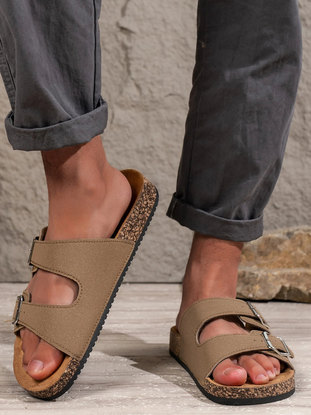 Men's Double Buckle Cork Sandals Brown Faux Leather Slip-On Adjustable Straps — Main Image