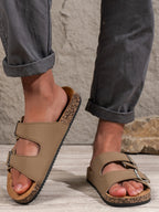 Men's Double Buckle Cork Sandals Brown Faux Leather Slip-On Adjustable Straps — Main Image