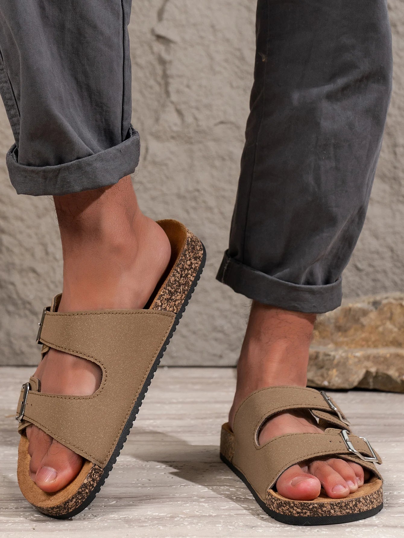 Men's Double Buckle Cork Sandals Brown Faux Leather Slip-On Adjustable Straps — Main Image