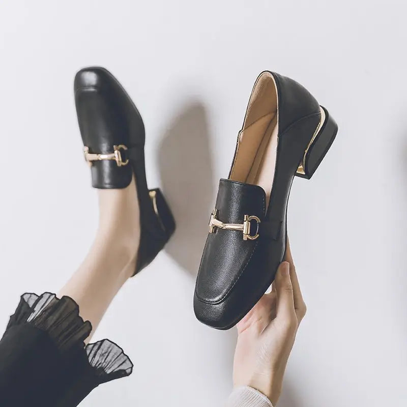 Elegant Women's Loafers Leather Gold Buckle Black Beige Comfortable Slip-On Shoes — Main Image