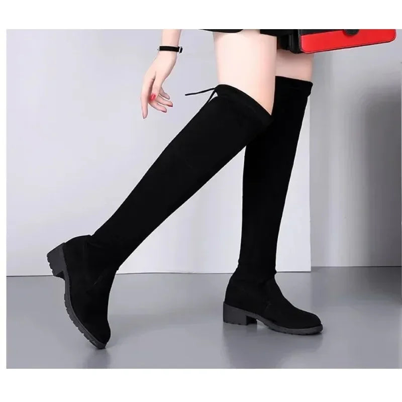 Women's Black Over-the-Knee Suede Boots with Block Heel and Tie Back — Image 6