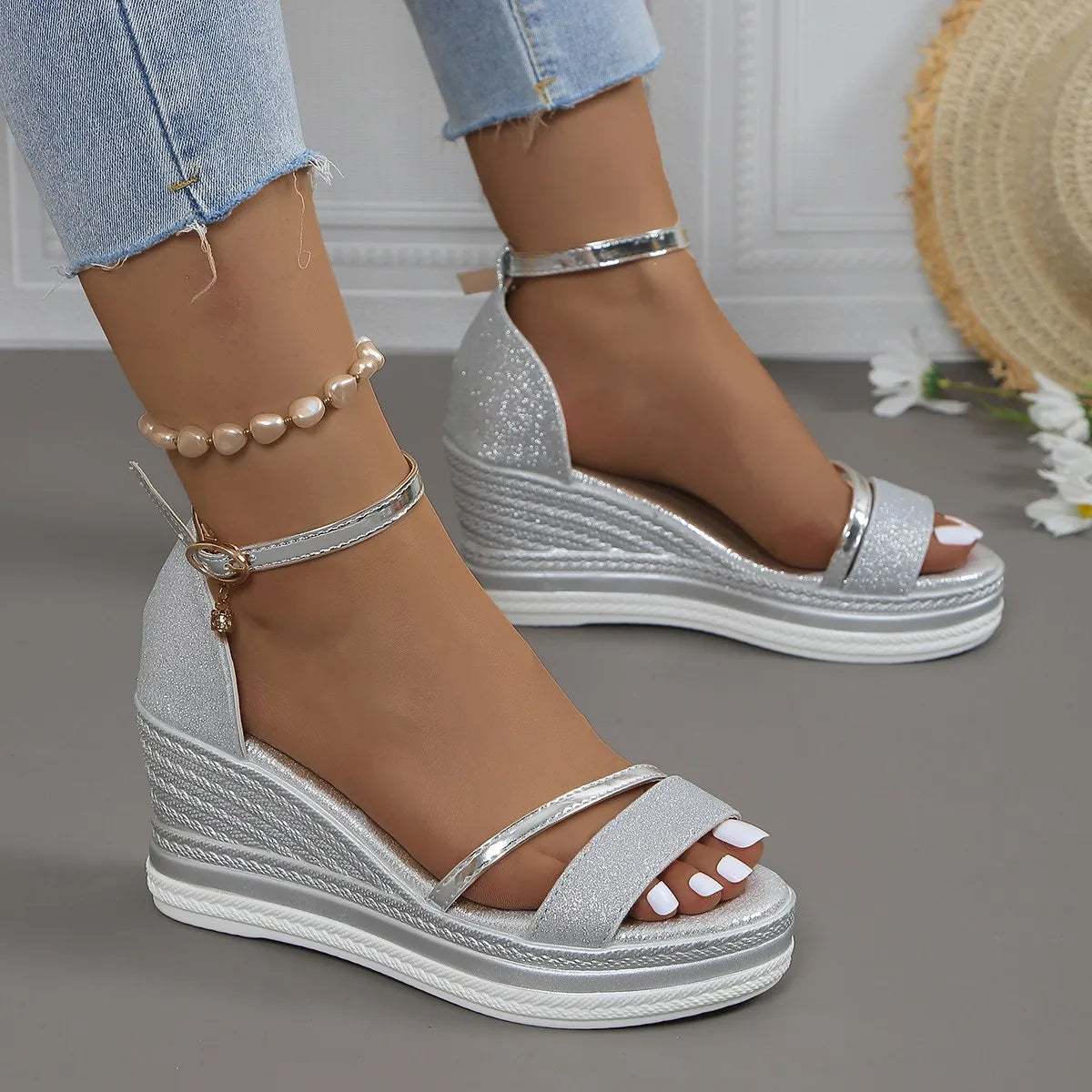 Elegant Glitter Wedge Sandals with Ankle Strap - Gold, Silver, Black - Comfortable Summer Footwear — Image 3
