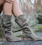 Women's Suede Fringe Western Boots Brown Mid-Calf Embellished Studded — Image 5