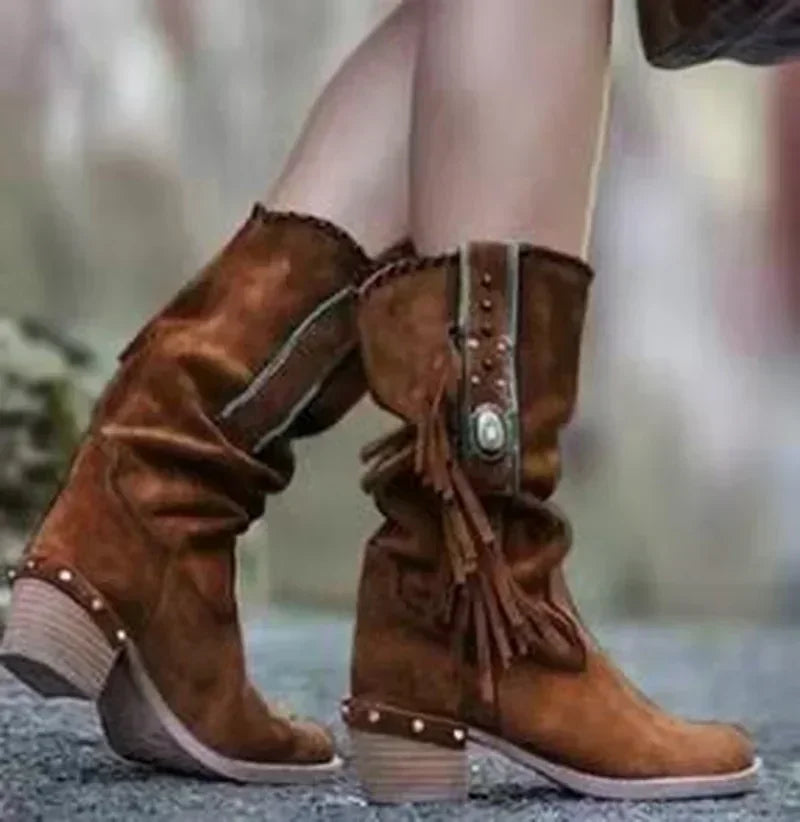 Women's Suede Fringe Western Boots Brown Mid-Calf Embellished Studded — Image 4