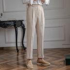 Men's Tailored Pleated Trousers Wool Blend Beige Adjustable Waistband Formal Pants — Image 2