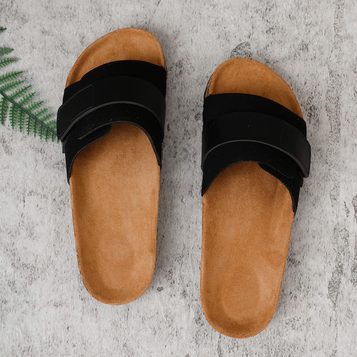 Unisex Cork Sole Slide Sandals Black Brown Suede Adjustable Strap Lightweight Casual — Image 2
