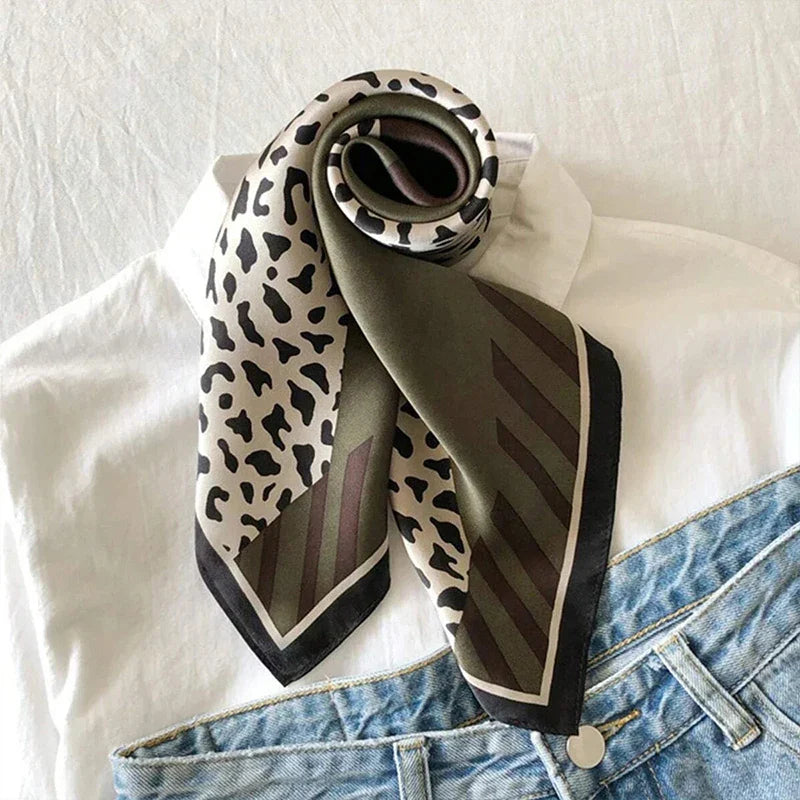 Luxury Silk Scarf Leopard Print Olive Brown Square 90x90cm Women's Fashion Accessory — Image 4