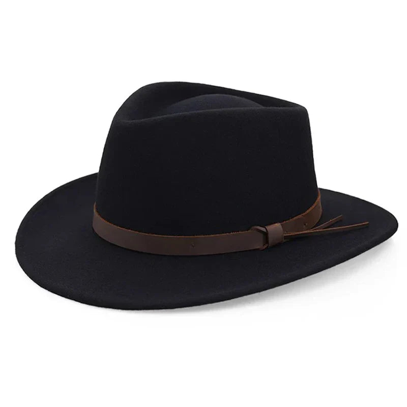 Classic Wool Fedora Hat Men's Wide Brim Felt with Leather Band Black Brown Medium — Image 6
