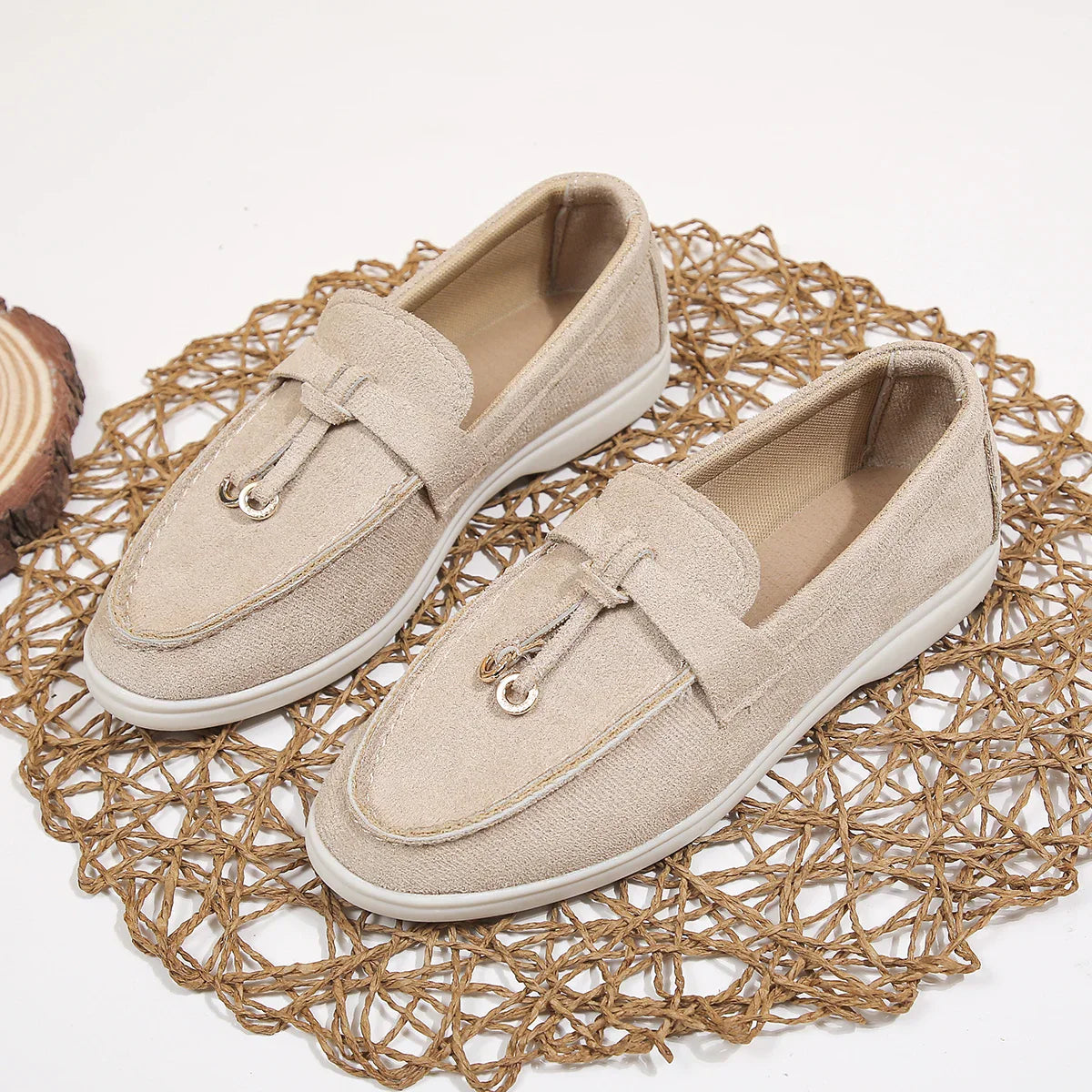 Women's Casual Beige Loafers Suede Slip-On with Gold Accent Comfortable Sole — Image 6