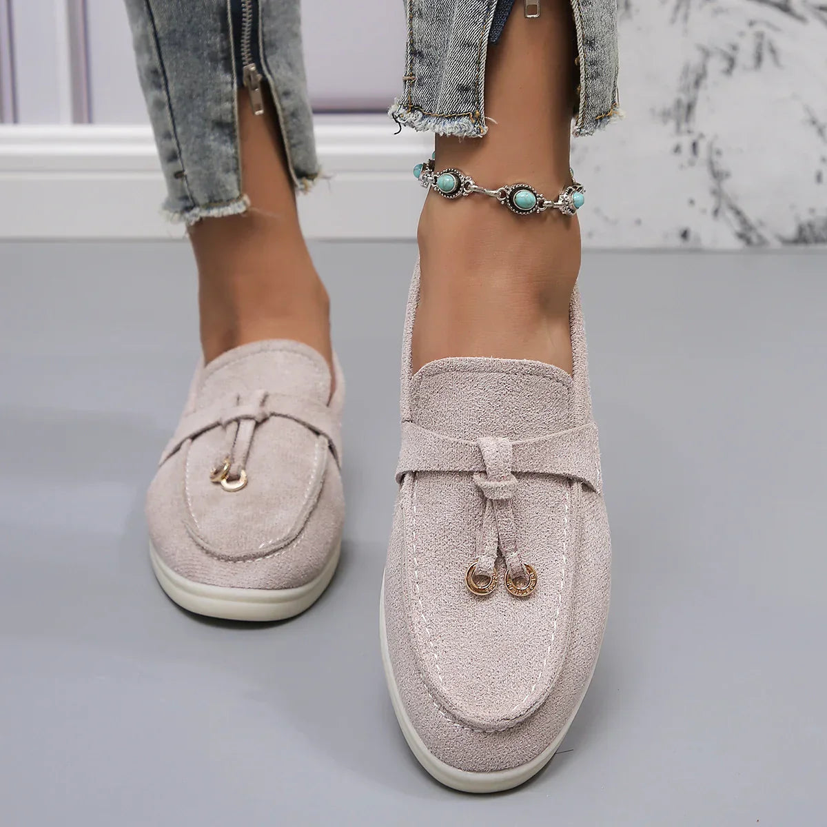 Women's Casual Beige Loafers Suede Slip-On with Gold Accent Comfortable Sole — Image 4