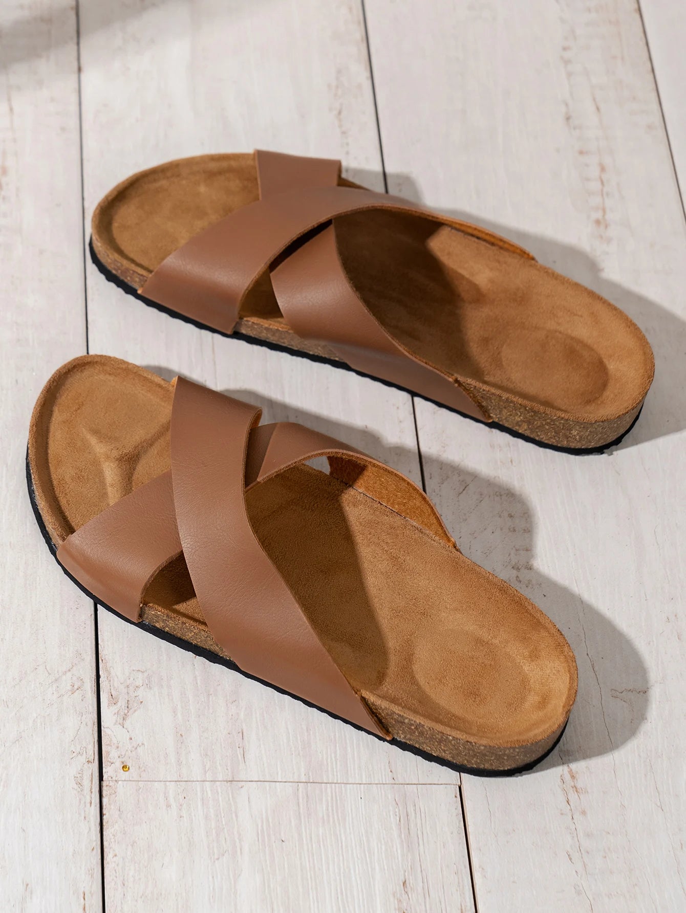 Men's Leather Cross Strap Sandals Cork Sole Brown Black Tan Comfortable Summer Footwear — Image 5