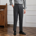 Men's Wool Blend Pleated Trousers Gray High Waist Adjustable Waistband Formal Business Pants — Image 2