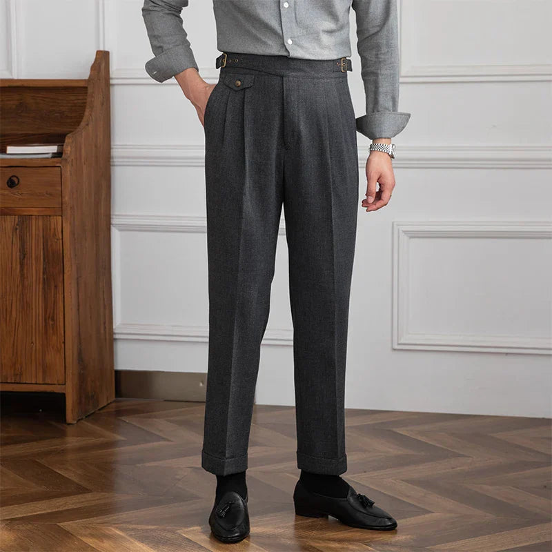 Men's Wool Blend Pleated Trousers Gray High Waist Adjustable Waistband Formal Business Pants — Image 2
