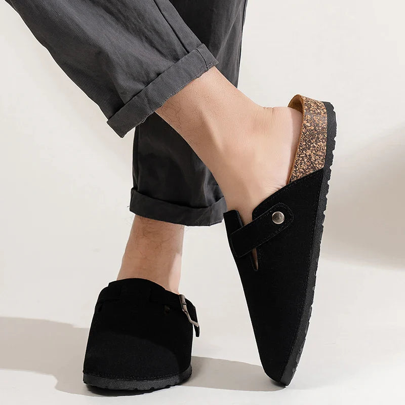 Men's Suede Slip-On Clogs Cork Sole Adjustable Buckle Comfort Footwear — Main Image