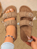 Women's Suede Double Buckle Sandals Comfortable Slip-On Cork Sole Beige Black Gray — Image 2