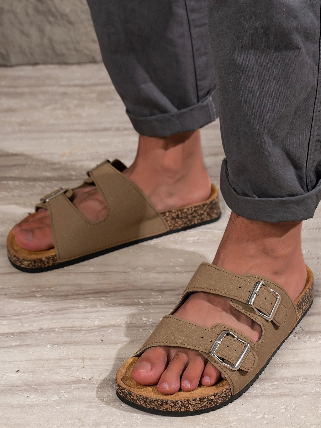 Men's Double Buckle Cork Sandals Brown Faux Leather Slip-On Adjustable Straps — Image 2