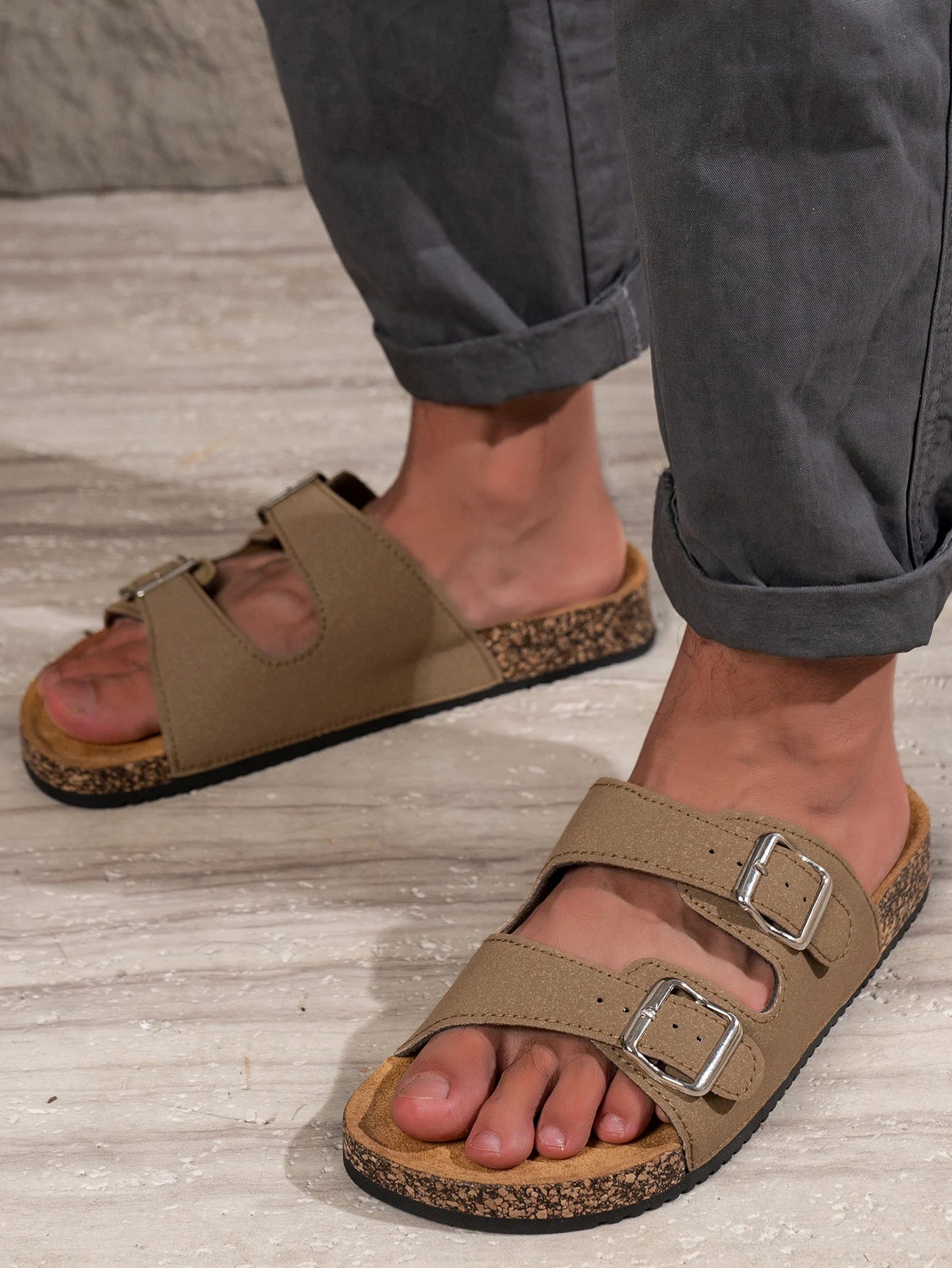 Men's Double Buckle Cork Sandals Brown Faux Leather Slip-On Adjustable Straps — Image 2