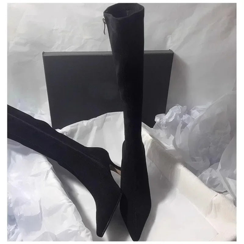 Elegant Women's Suede Knee-High Stiletto Boots Brown Black Pointed Toe High Heel — Image 5