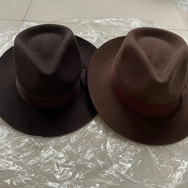 Classic Wool Fedora Hat Wide Brim Felt Ribbon Band Men's Timeless Style — Image 7