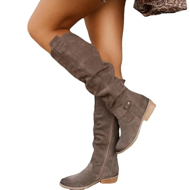 Women's Suede Knee-High Boots Low Heel Zipper Closure Beige Black — Image 2
