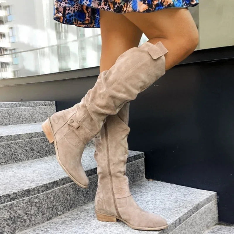 Women's Suede Knee-High Boots Low Heel Zipper Closure Beige Black — Main Image