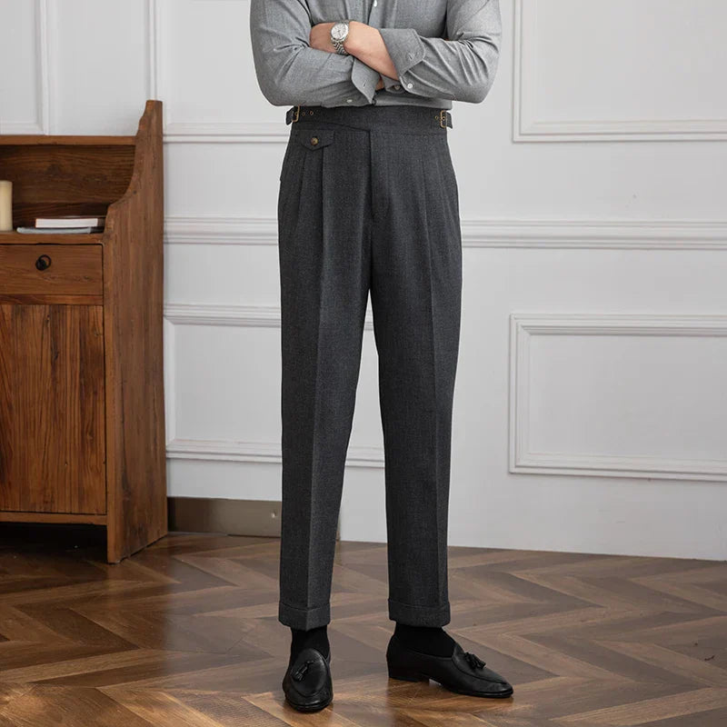 Men's Wool Blend Pleated Trousers Gray High Waist Adjustable Waistband Formal Business Pants — Image 5