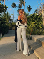 Chic Women's Mesh Knit Two-Piece Set White Black Trim Summer Outfit — Image 3