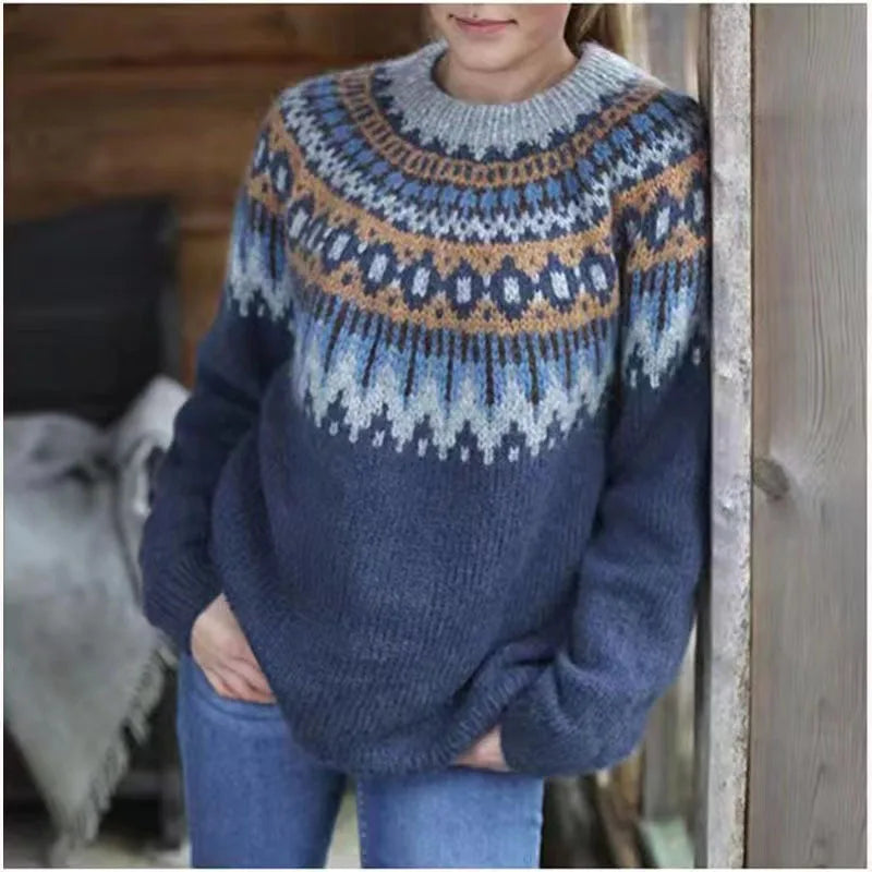 Women's Nordic Knit Sweater Geometric Pattern Warm Winter Pullover — Image 3