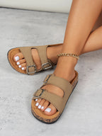 Women's Double Buckle Slip-On Sandals Tan Faux Leather Cork Sole — Image 5