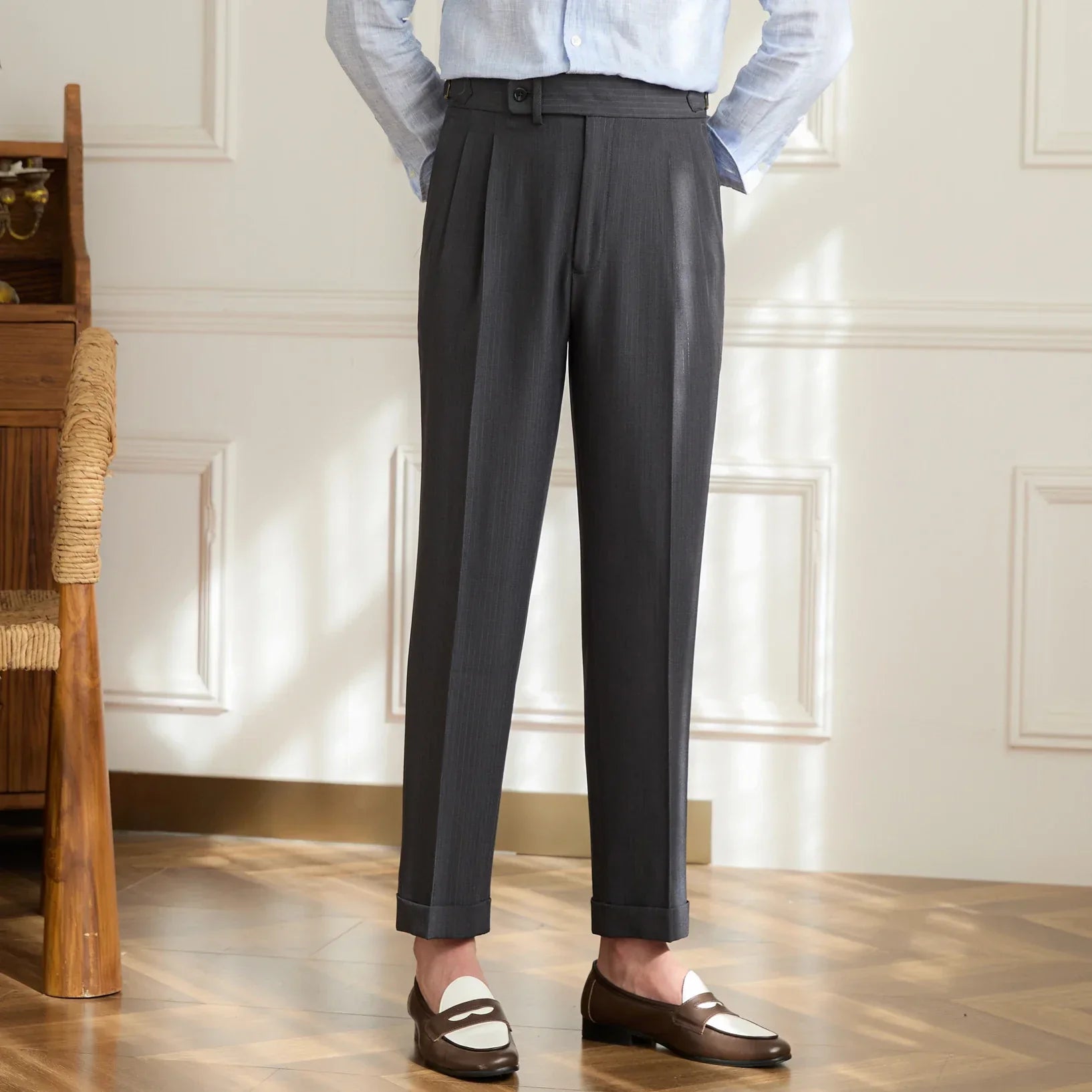 Brand Men's Wool Pleated Trousers Tailored Fit Adjustable Waistband Black — Image 9