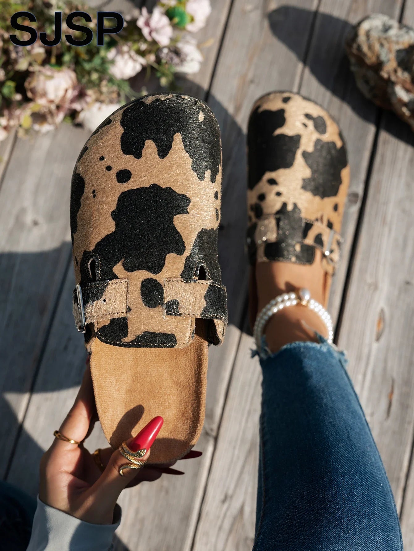 SJSP Women's Leopard Print Suede Slip-On Clogs with Buckle Brown Comfortable Casual Footwear — Image 4