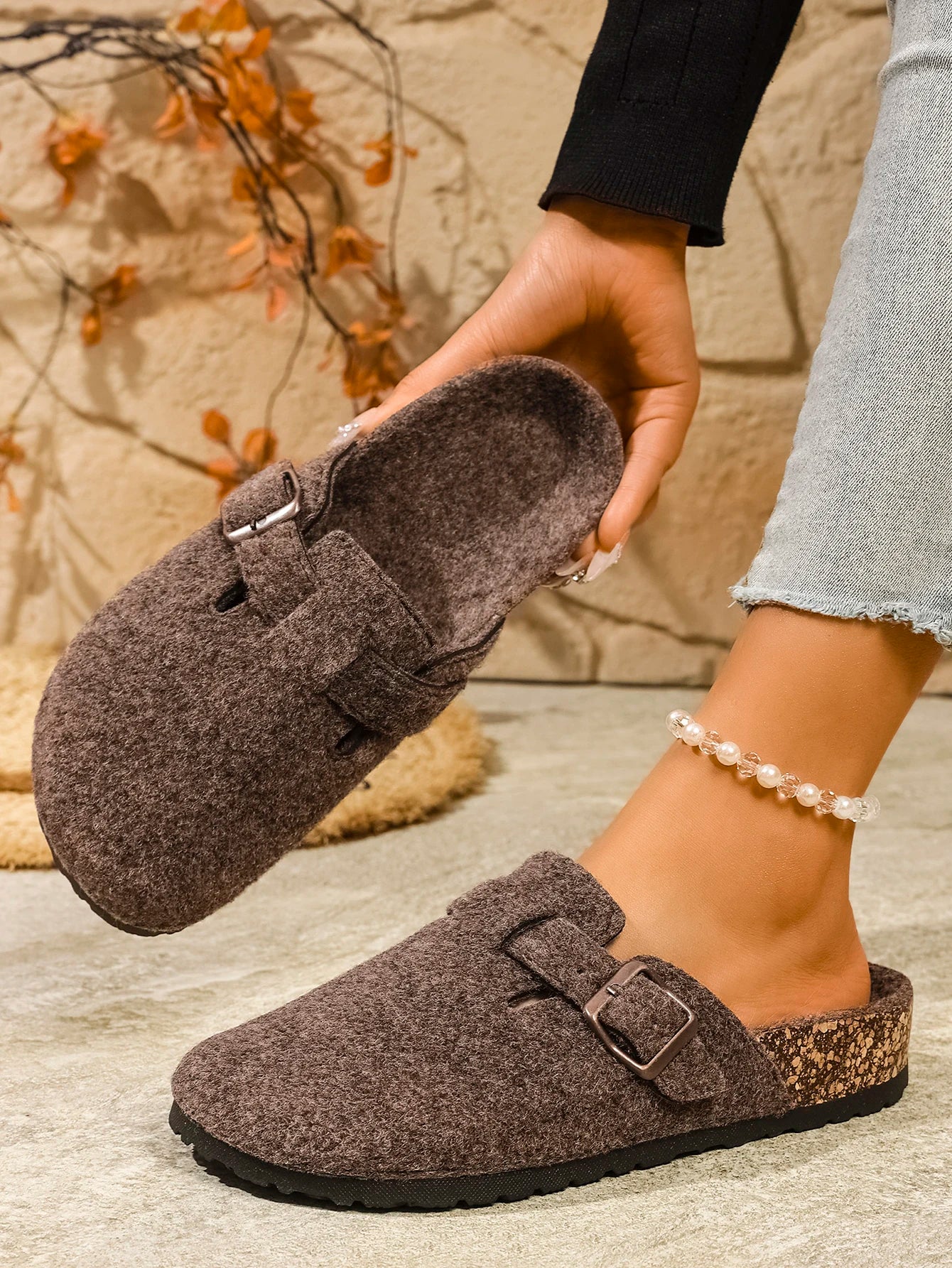 Cozy Woolen Slip-On Mules Cork Sole Brown Black Beige Unisex Comfortable — Main Image