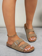 Women's Double Buckle Slip-On Sandals Tan Faux Leather Cork Sole — Main Image