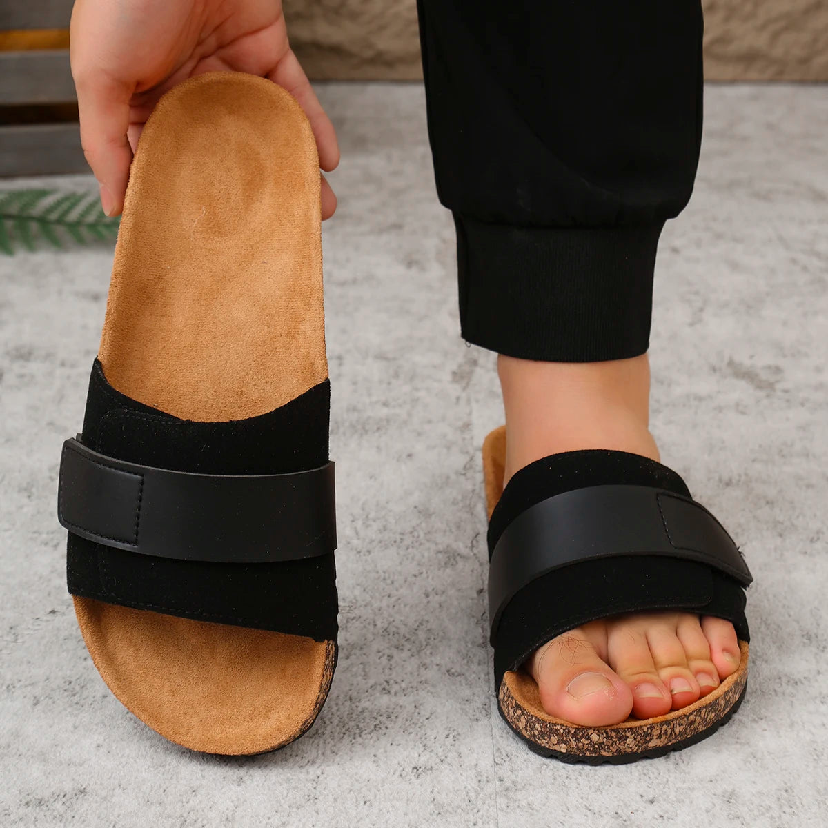 Unisex Cork Sole Slide Sandals Black Brown Suede Adjustable Strap Lightweight Casual — Main Image