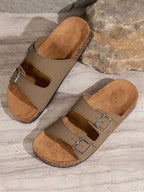 Men's Double Buckle Cork Sandals Brown Faux Leather Slip-On Adjustable Straps — Image 3