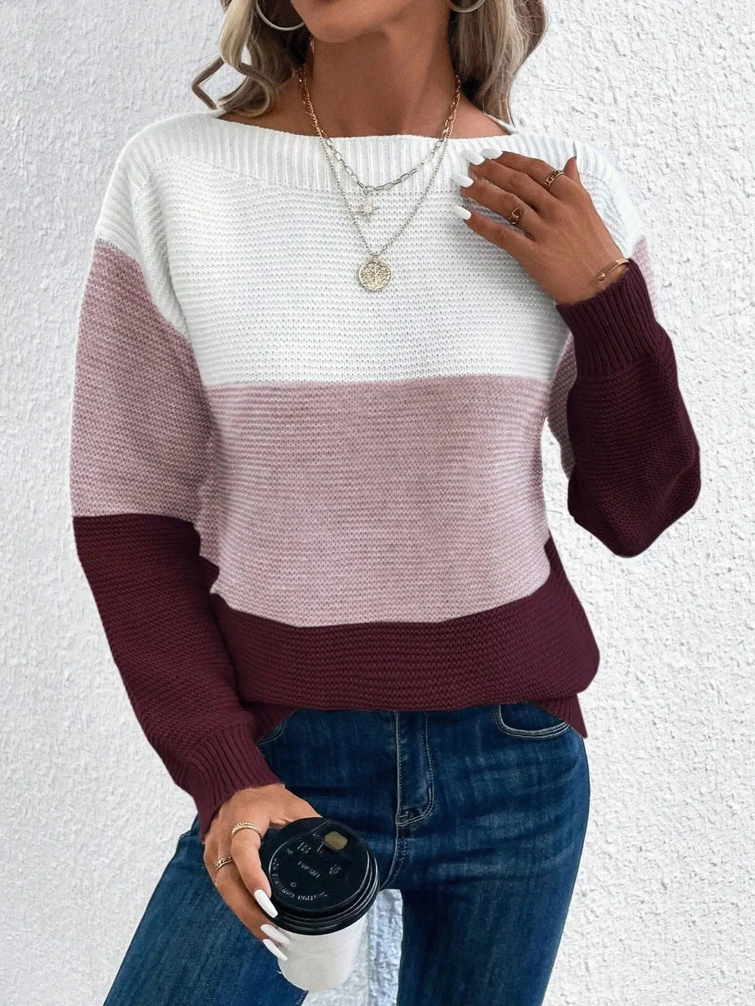 Brand Women's Color Block Knit Sweater Soft Cozy Pullover Long Sleeves Crew Neck Casual — Image 3