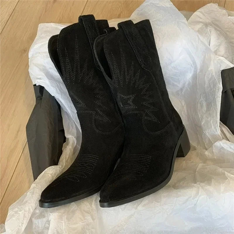Women's Western Suede Cowboy Boots Brown Black Embroidered Mid-Calf Heel — Image 4