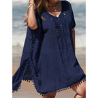 Elegant Women's Beach Cover-Up Black Cotton Pom Pom Trim One Size Summer Swimwear — Image 5