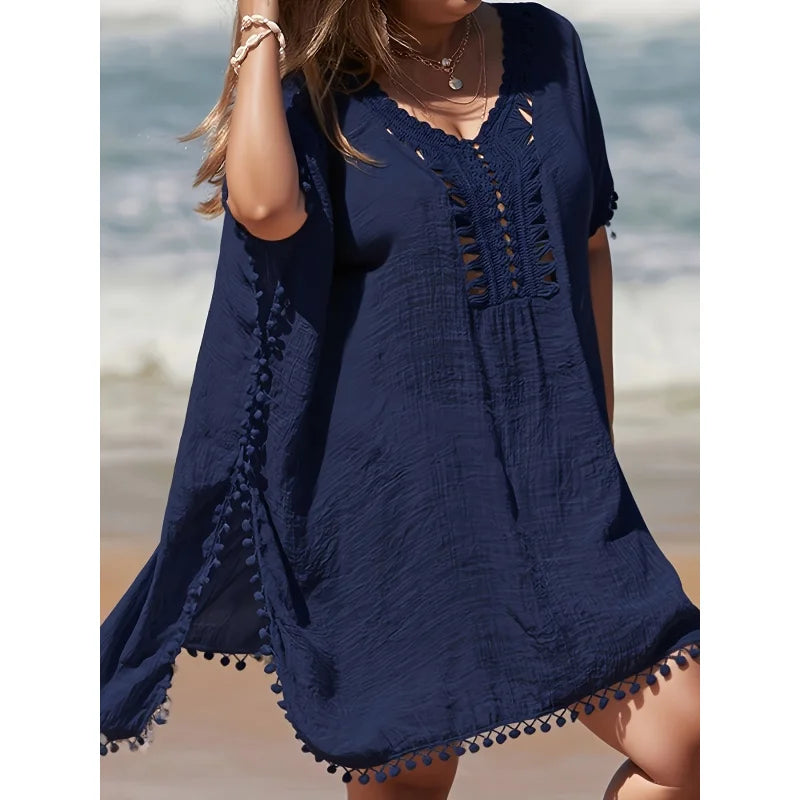 Elegant Women's Beach Cover-Up Black Cotton Pom Pom Trim One Size Summer Swimwear — Image 5