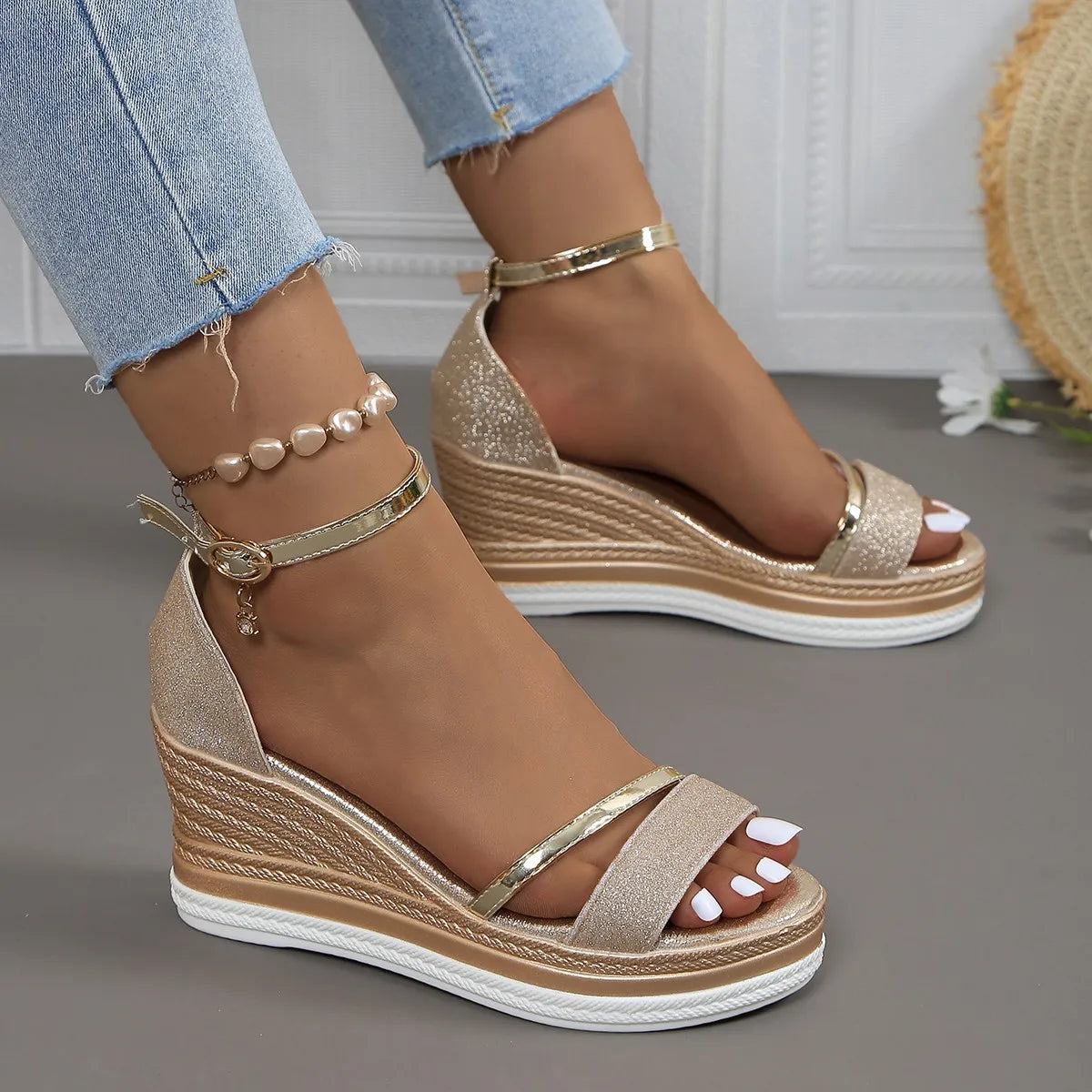 Elegant Glitter Wedge Sandals with Ankle Strap - Gold, Silver, Black - Comfortable Summer Footwear — Image 5