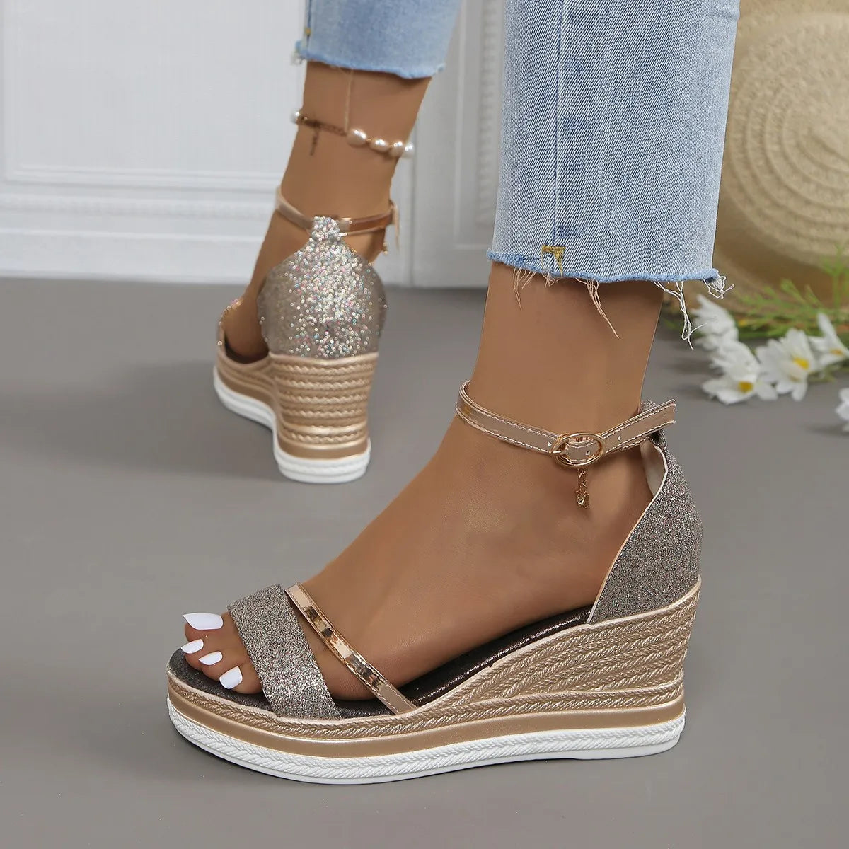 Elegant Glitter Wedge Sandals with Ankle Strap - Gold, Silver, Black - Comfortable Summer Footwear — Image 2