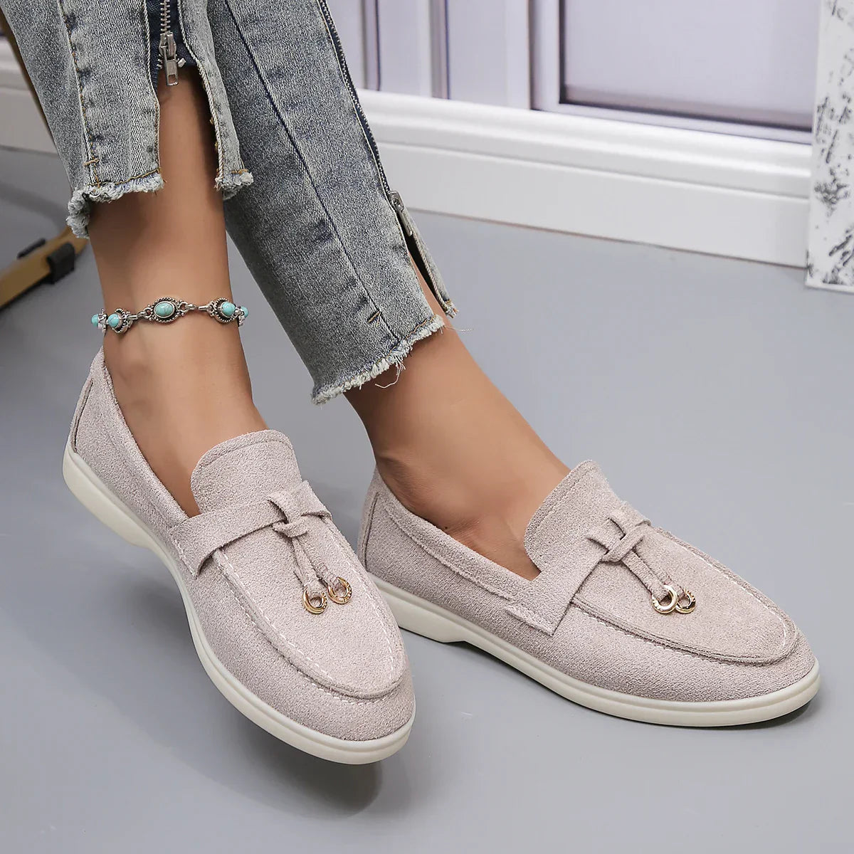 Women's Casual Beige Loafers Suede Slip-On with Gold Accent Comfortable Sole — Image 5
