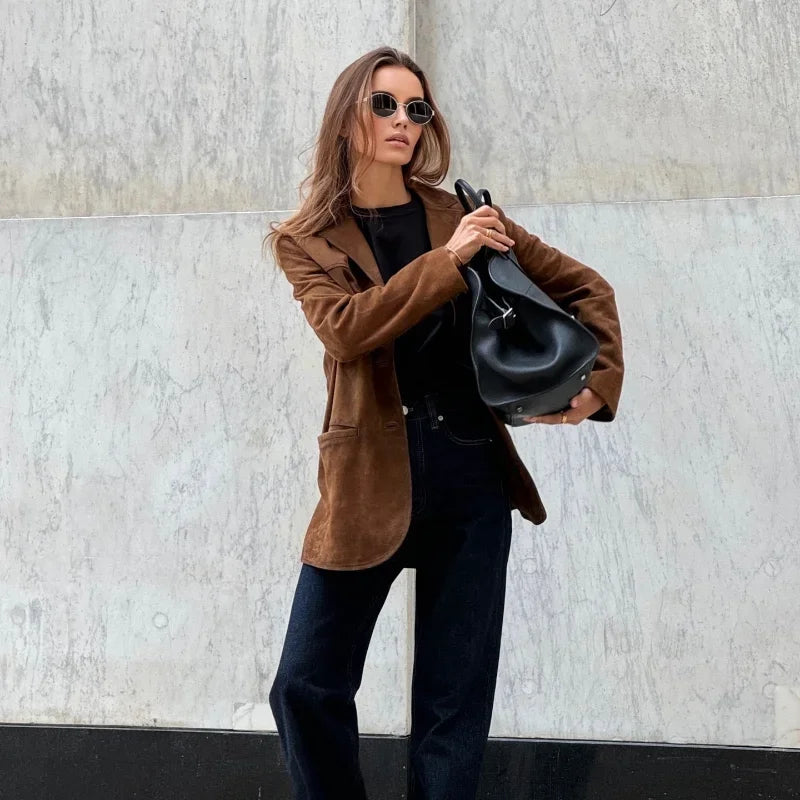 Women's Suede Blazer Jacket Brown Tailored Fit Elegant Design — Image 3
