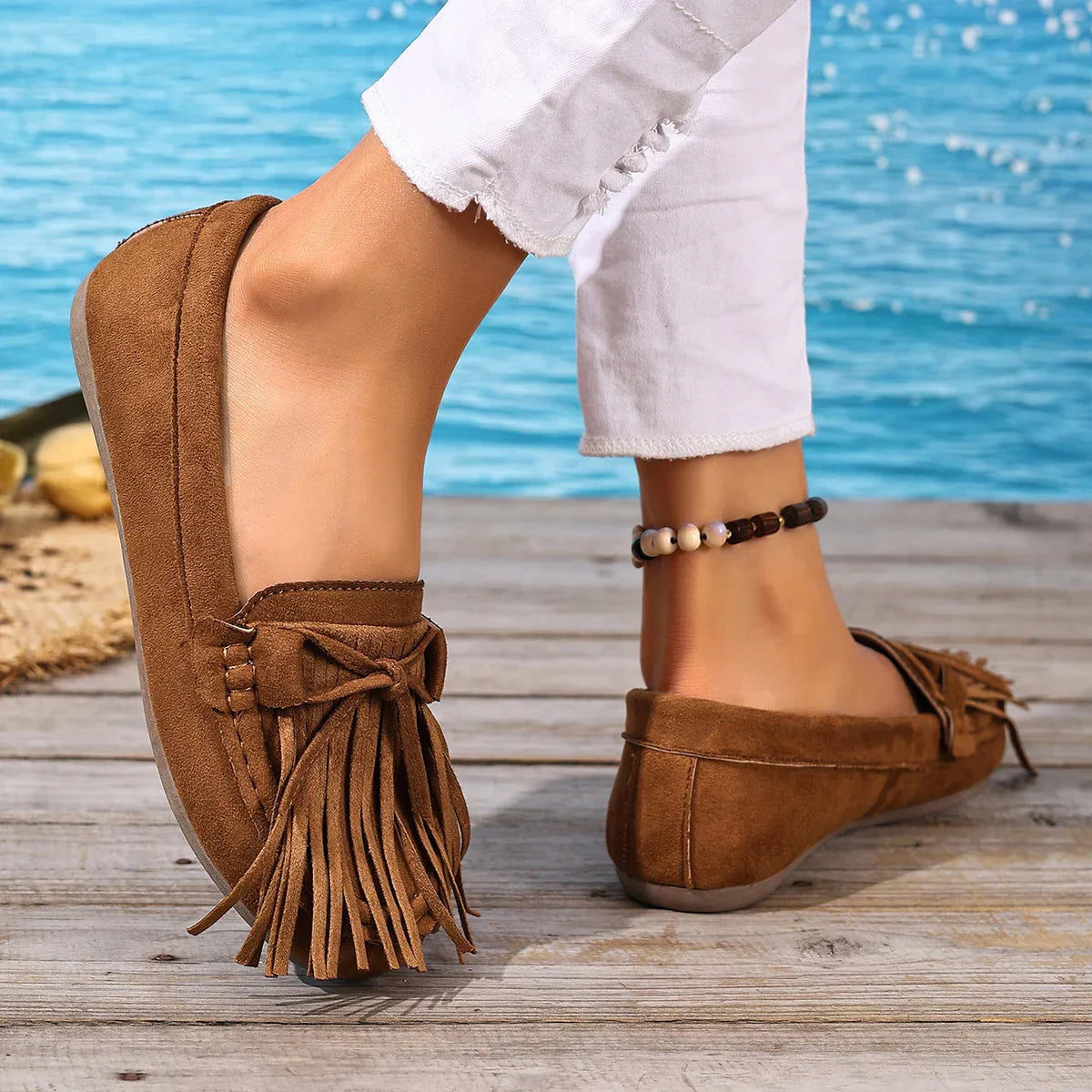 Women's Suede Fringe Loafers Brown Moccasins Slip-On Casual Shoes — Image 2