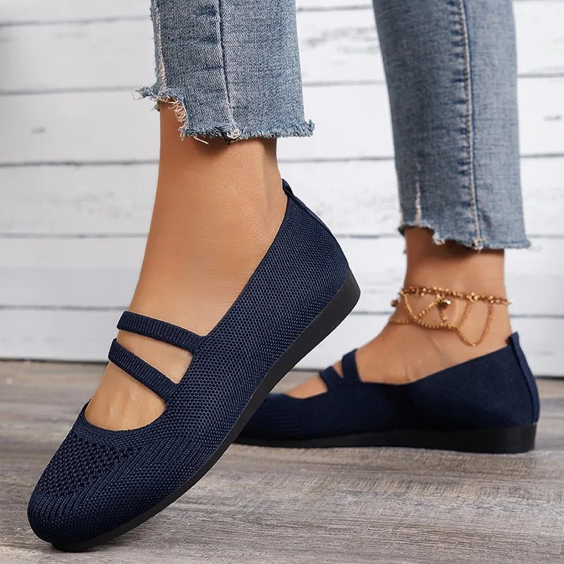 Women's Knit Ballet Flats Double Strap Comfortable Slip-On Shoes Navy Red Gray Black — Main Image